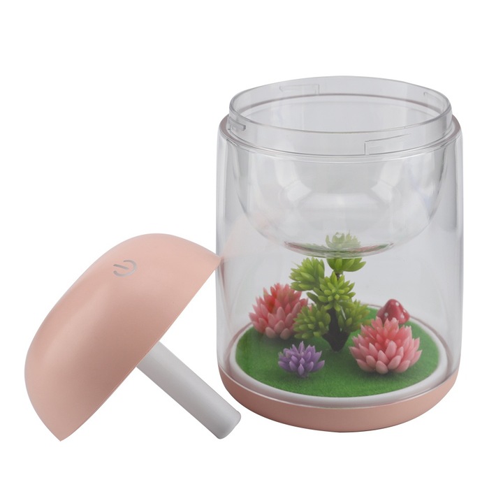 Jormftte hordozható USB párásító, mikro táj design, éjszakai fény, rózsaszín, 10x10x15cm