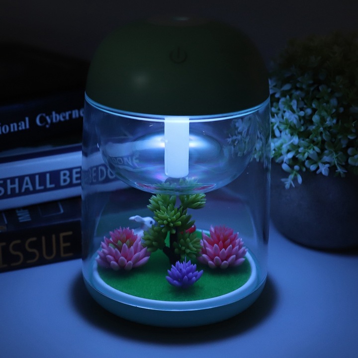 Jormftte USB hordozható párásító éjszakai fénnyel, mikro tájképi dizájn, 10x10x15cm, többszínű