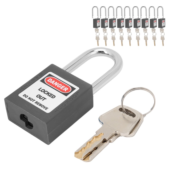 Комплект от 10 предпазни катинара, дължина 3,8 см, със стоманена греда, изолирани, устойчиви на корозия, черни