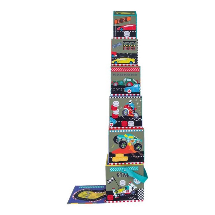 Комплект интерактивни детски играчки, Floss & Rock, пирамида за строене с 6 кубчета и 3 дървени елемента, многоцветен, 2+ години