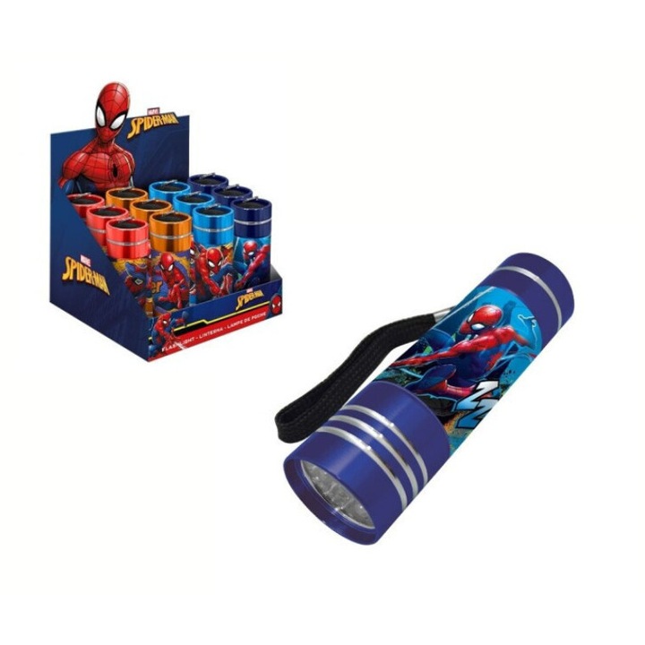 Lanterna LED Spiderman 9cm, KIDS, 4 culori, alimentare cu baterii 3xAAA, set 1 bucata