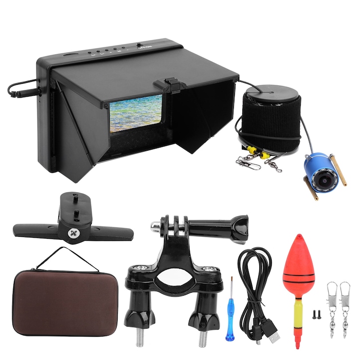 Camera video subacvatica Jormftte, 0-360 grade rotire, 38 LED-uri, cablu 50m, dimensiuni 65x170mm