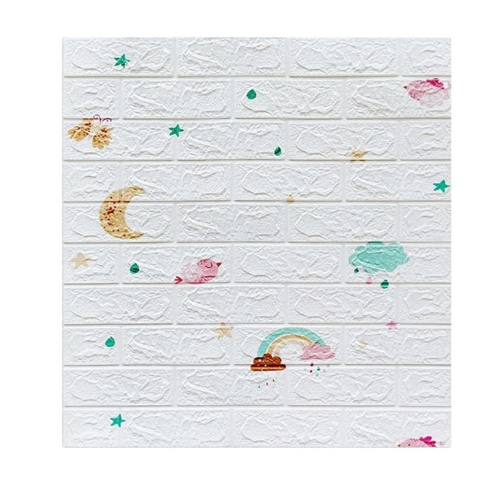 Set 10 Placi Tapet 3D, By Fitilomania, 70 x 77 cm, Grosime 3 mm, din Polietilena, Tip Caramida, Model Curcubeu, Suprafata acoperita 5.3 mp, Alb