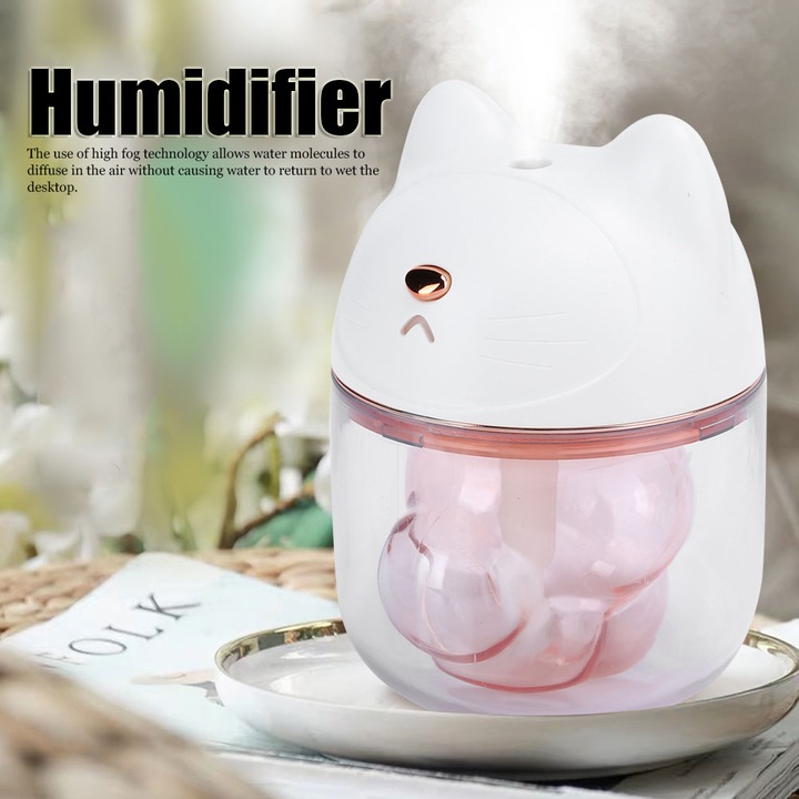 Aranyos 3 az 1-ben mini légpárásító rajzfilm macskával, édes éjszakai fény otthonra, hálószobába, USB-ről táplált, fehér