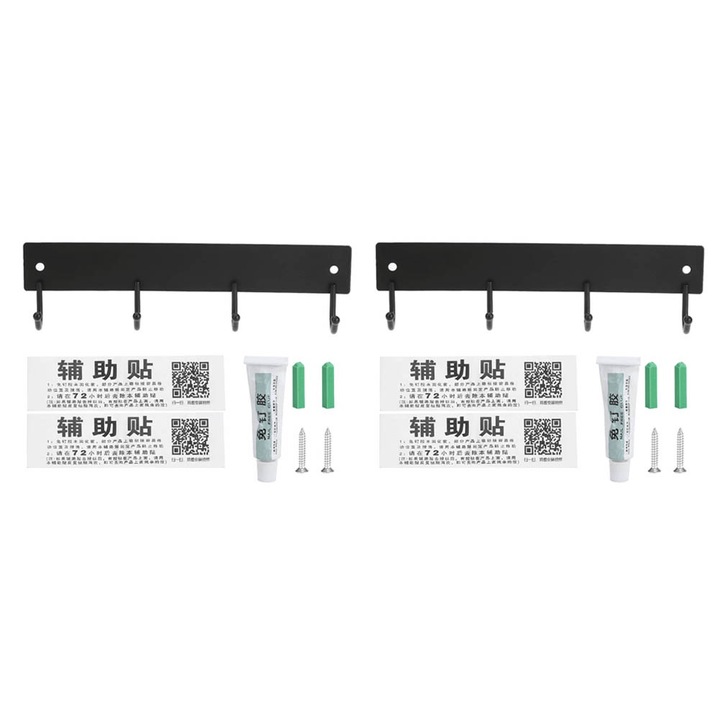 2 db fali tartó evőeszközökhöz, Jormftte, 4 kampó, rozsdamentes acél, fekete, korrózióálló