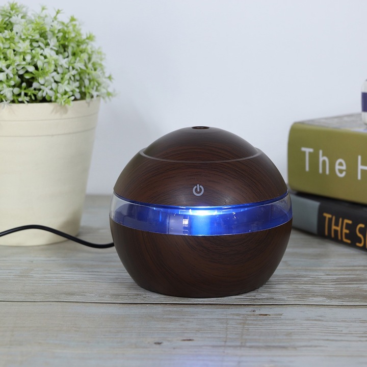 Multifunkcionális párásító, 300ml, fa kivitel, LED világítás, 10x10x10cm