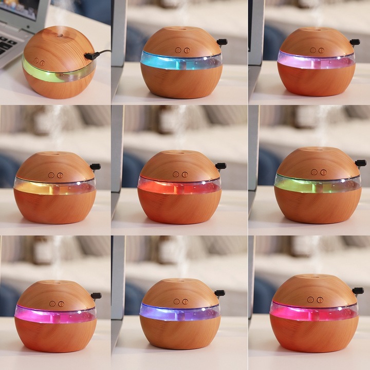 Longziming multifunkcionális párásító, 300ml, fa kivitel, LED világítás, méretek 11,3x11,3x9,7cm