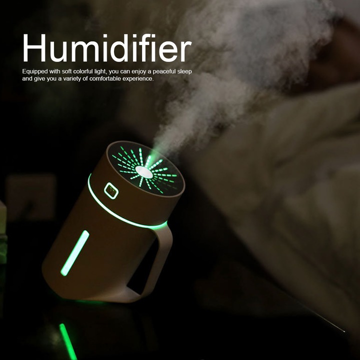 Hordozható USB párásító, longziming, 420ml, fehér, 11.1x8.6x14.7cm