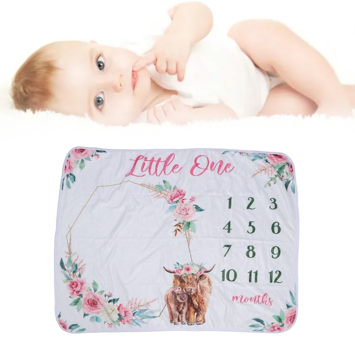 Rózsák és állatok mintás babatakaró, flanel havi mérföldkő takaró újszülötteknek, háttér havi takaró, fotózási kellék rózsa
