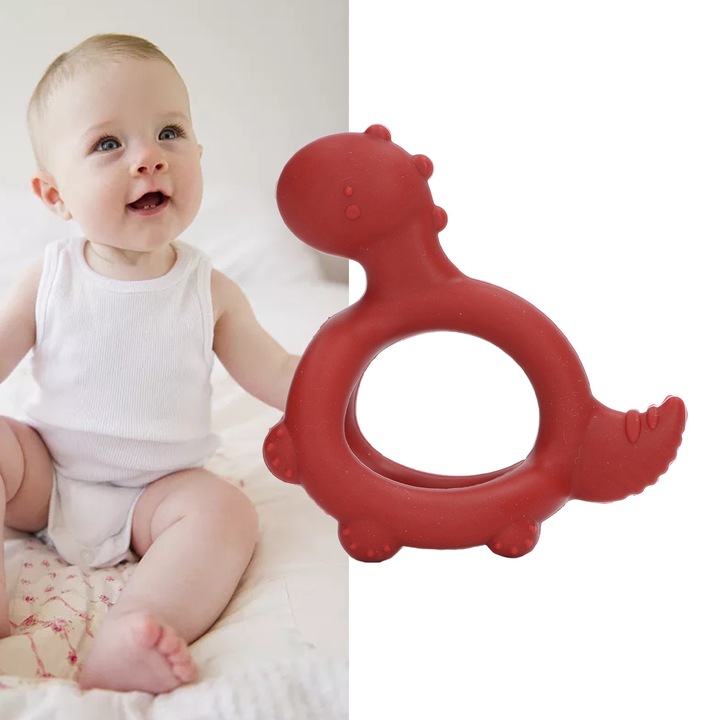 Jormftte baba rágóka, dinoszaurusz forma, 2 az 1-ben, szilikon, bordó