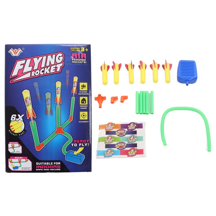 Interaktív gyerekjáték, Jormftte, habrakéta indító, 6 rakéta, környezetbarát anyag, 10m, beltéri és kültéri használatra