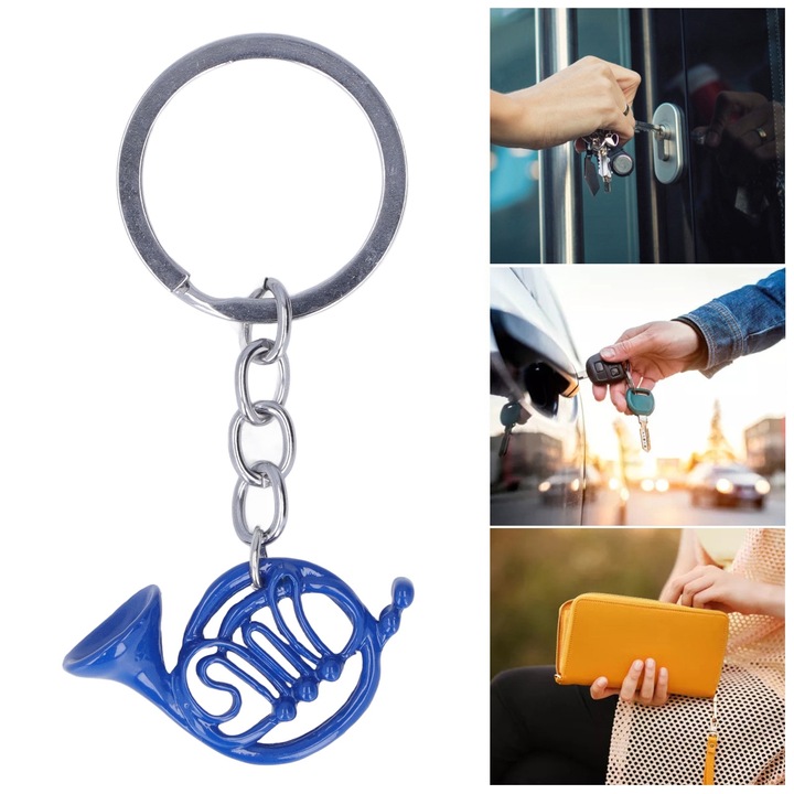 Zenei kulcstartó, Jormftte, francia kürt forma, fém, kék, kivételes ajándék