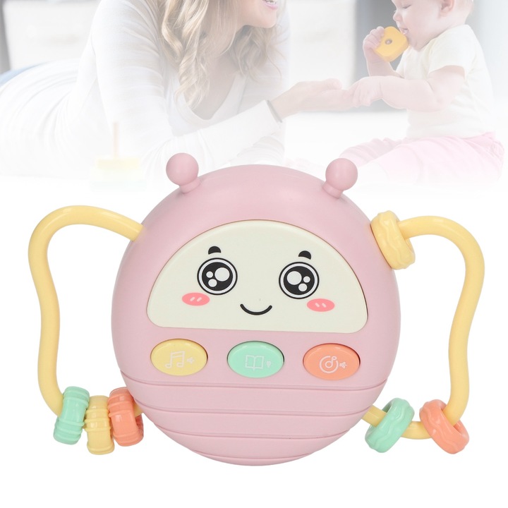 Jormftte zenélő dob gyerekeknek, 3 az 1-ben, interaktív, hordozható, rózsaszín, 0-3 hónap
