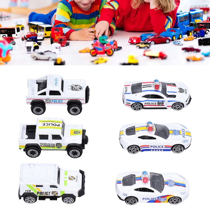 6 db rendőrautó készlet, Jormftte, prémium ötvözet, élénk színek, 1:64