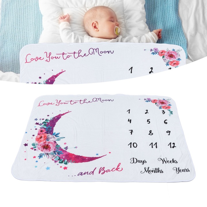 Havi mérföldkő takaró babáknak 150 x 100 cm, virágmintás, hold, légáteresztő, puha, fakulásálló, babafotó kellék takaró kerettel