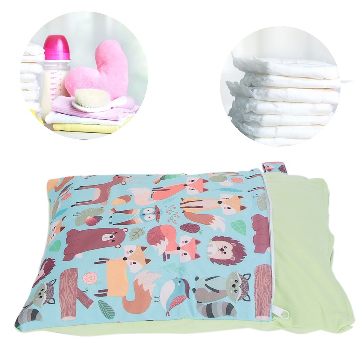 Rajzfilm mintás dupla cipzáras pelenkatáska nedves-száraz babapelenka tároló táska állatkert