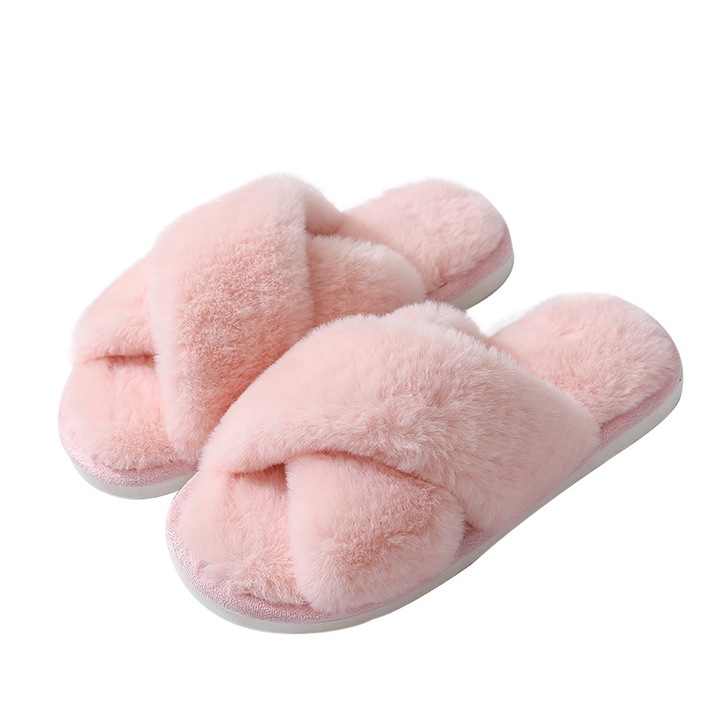 Дамски домашни чехли, Изкуствен косъм, Розови, Розово, 35-36
