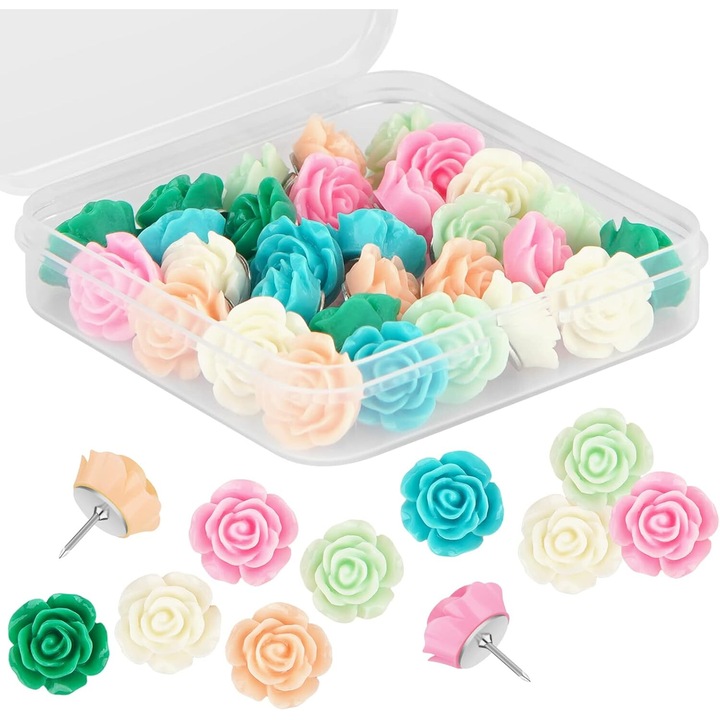 Set 30 pioneze decorative cu flori, KUNXIUJ, 6 culori, cutie de stocare