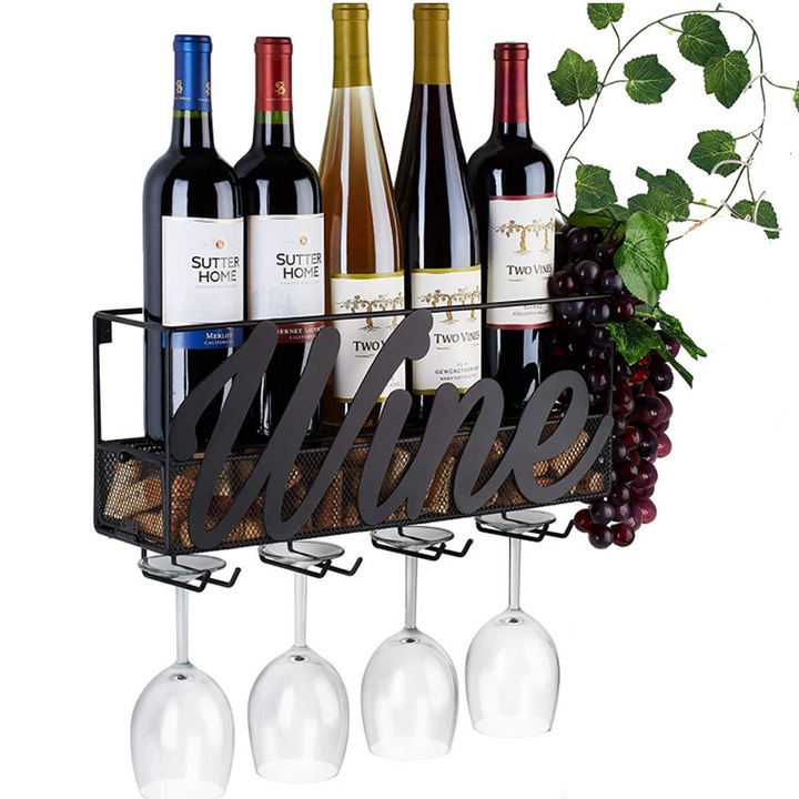 Suport de vin OSPE® din fier, montat pe perete, pentru 4 sticle de vin, include 4 suporturi pentru pahare, 39,5 x 12 x 22 cm, negru