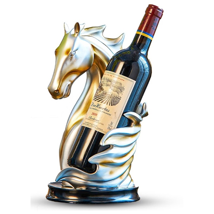 Borosüveg-tartó, ló alakú műalkotás, 29x16 cm, gyanta, arany és ezüst