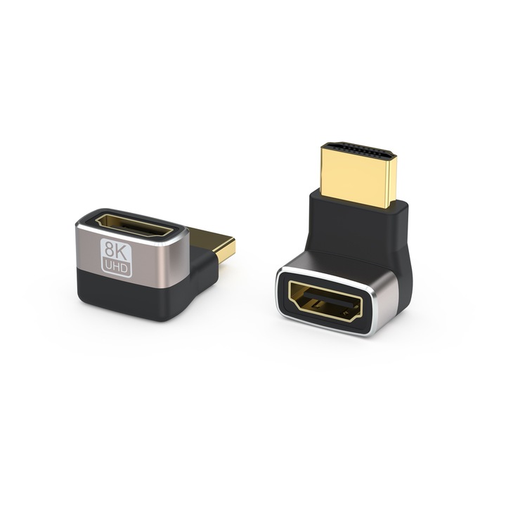 AKESON HDMI адаптер, 270 градуса под прав ъгъл, 8K/60FPS и 4K/120FPS, HDMI 2.1, 24K позлатен конектор, метален корпус