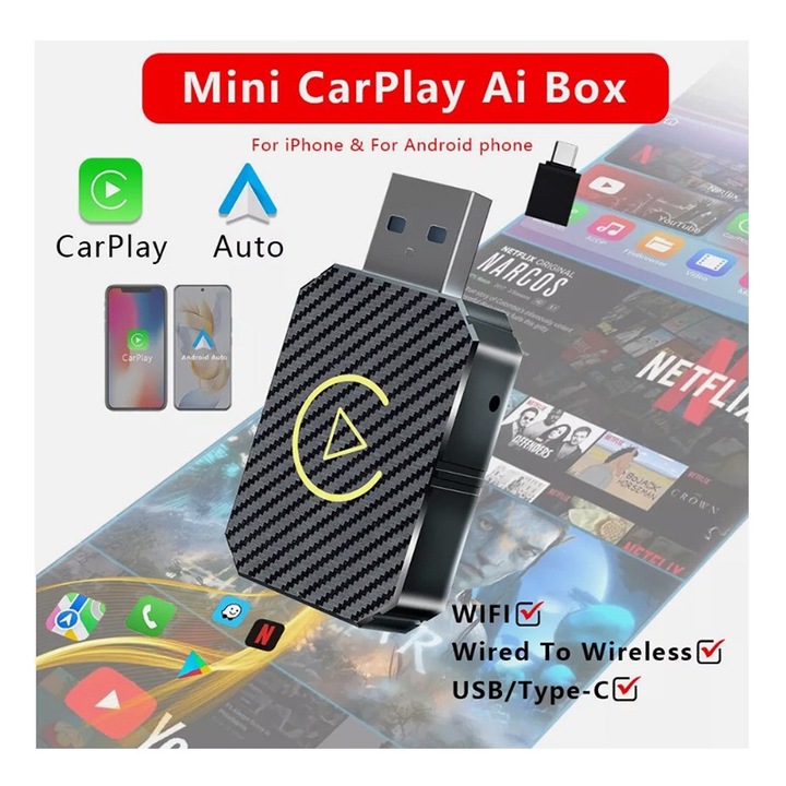 Adaptor auto wireless 2 in 1 iPhone Carplay, pentru Android Auto, conexiune BT si WiFi, 5GHz, negru, Zonabther999®