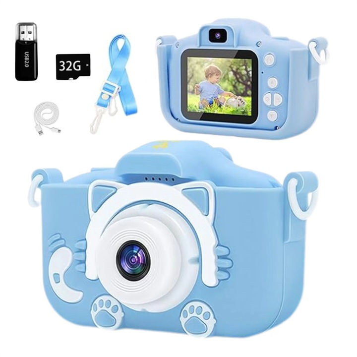 Aparat foto digital pentru copii, AjieQaQ, YUE3000, 1080P, 32GB, albastru