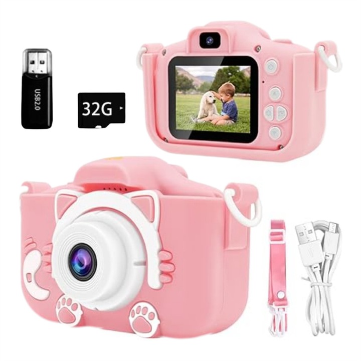 Детска камера AjieQaQ, 1080P, 32 GB, розова, 3 години