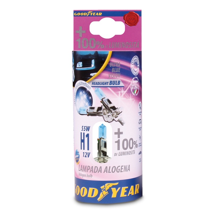 Set de 2 becuri halogene H1 X1 12V 55W + 100% 5000K E4 Goodyear