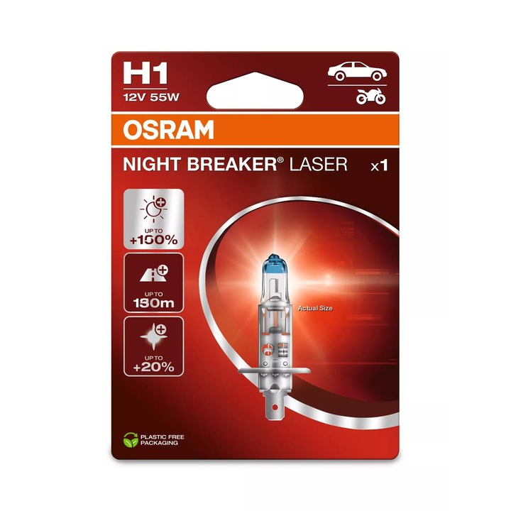 Bec auto far halogen Osram H1 Night Breaker Laser Next Gen +150%, 55W, 12V, 1 Bucata