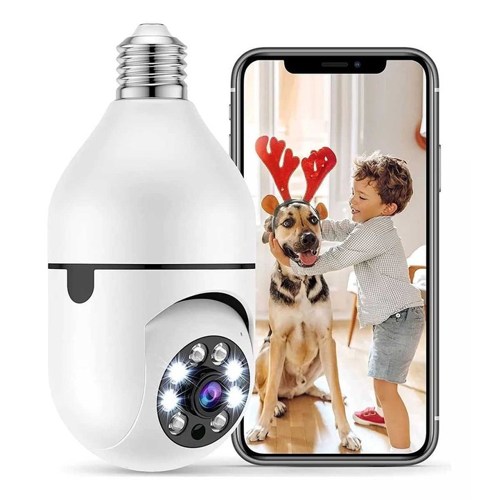 Wifi Bulb biztonsági kamera, kültéri, 360 fokos otthoni Wifi IP kamera mozgáskövető riasztással, színes éjszakai látás, kétirányú beszélgetés