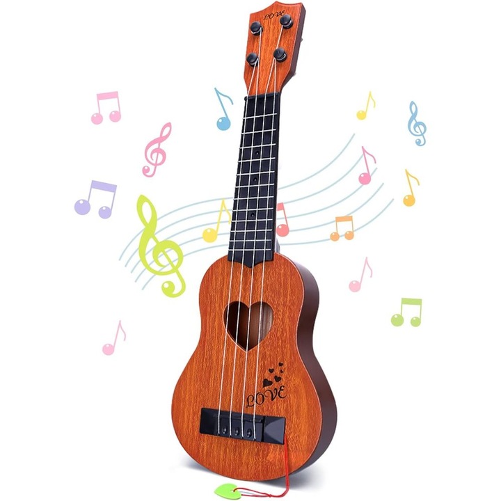 Játék ukulele, készlet, hangszer, barna vörösrézzel, fiúknak és lányoknak
