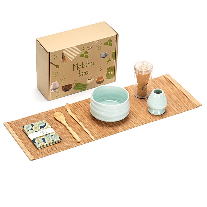 Matcha szett, bambusz/kerámia, 7 darabos, fehér/barna （A001）