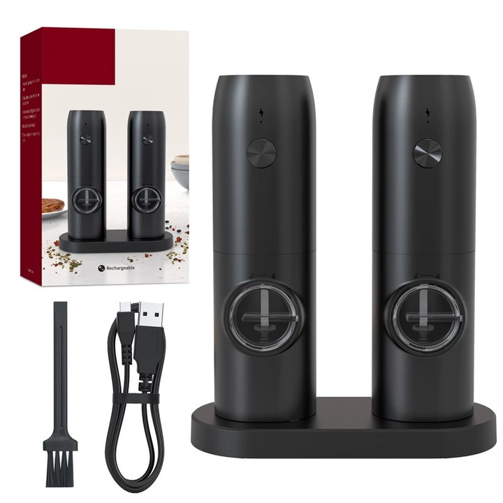 Set de rasnite electrice pentru sare si piper, incarcare USB, suport de incarcare Tip-C, negru