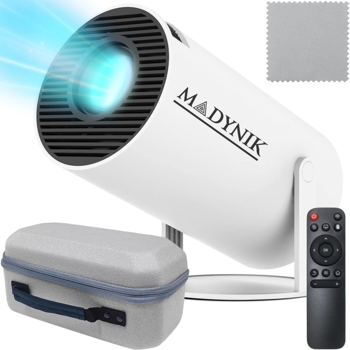 Преносим видео проектор Madynik™, Вграден високоговорител, WiFi 6, Bluetooth 5.0, Android 11, 160 ANSI, 8000 лумена, LED, Регулируема прожекция до 130 инча, въртене на 180°, дистанционно управление, включена микрофибърна кърпа и чанта за носене, бяла цвят