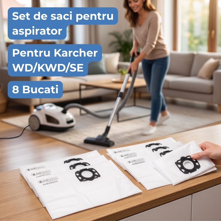 Set de saci pentru aspirator, Areose, Karcher Wd3 Kfi 357 V17 V15 V19 Se4001 Wd2 Plus V12, Material: Microfibra Sintetica, Calitate Superioara A Executiei, Calitate Superioara A Materialelor, 8 Bucati