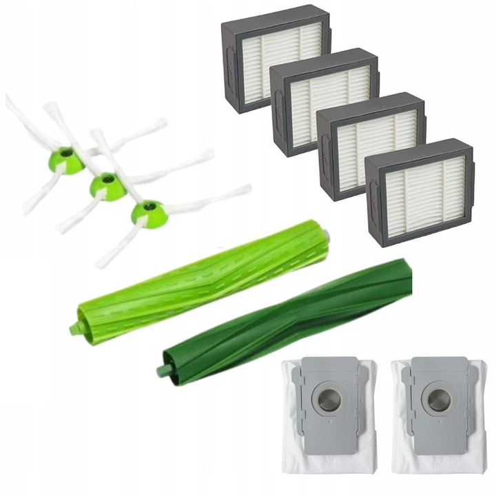 Set Kit 12 Accesorii Pentru Irobot Roomba I7 E5 E6 i3+ i4+ i5+ i6+ i7+, Perii, 3xPerii Laterale, 4xFiltre Hepa, 2xPerii De Rola, 2xSacii Pentru Praf, Multicolor
