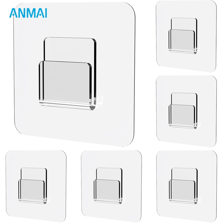 Set 6 Carlige Adezive pentru Organizator Dus sau Bucatarie, Carlige Plate Transparente, Puternice si Rezistente, pentru Baie, 60x60 mm, Anmai