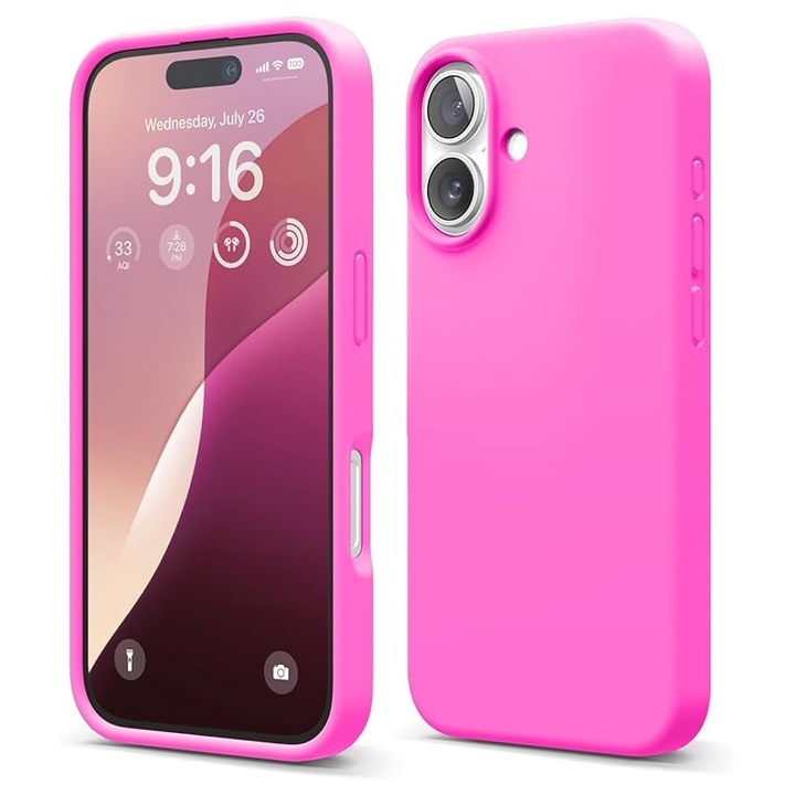 Husa pentru iPhone 16 DaDen®, Ultra Slim, Silicon, Calitate Premium, Interior din microfibra, Roz neon