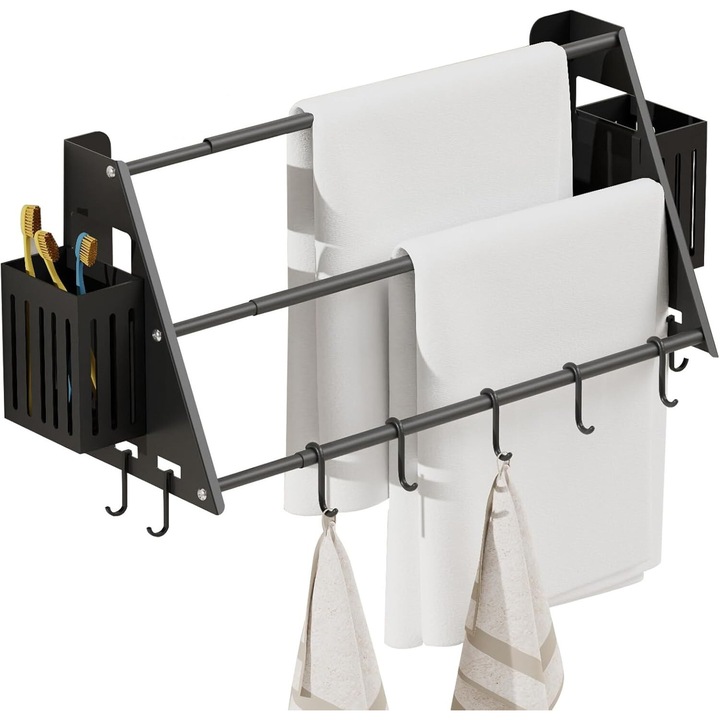 LANMOU поставка за хавлии без пробиване, телескопична, матово черна въглеродна стомана, 3 нива, със самозалепващи се стенни куки, регулируема 38-75 см, издръжлива и устойчива на ръжда, черна