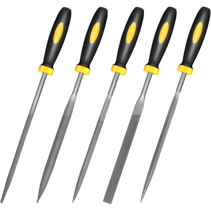 Set de pile metalice mini, QHYKKYJ, 5 piese, otel aliat, lungime totala 16cm, include modele rotund, semi-rotund, plat, patrat, triunghiular.