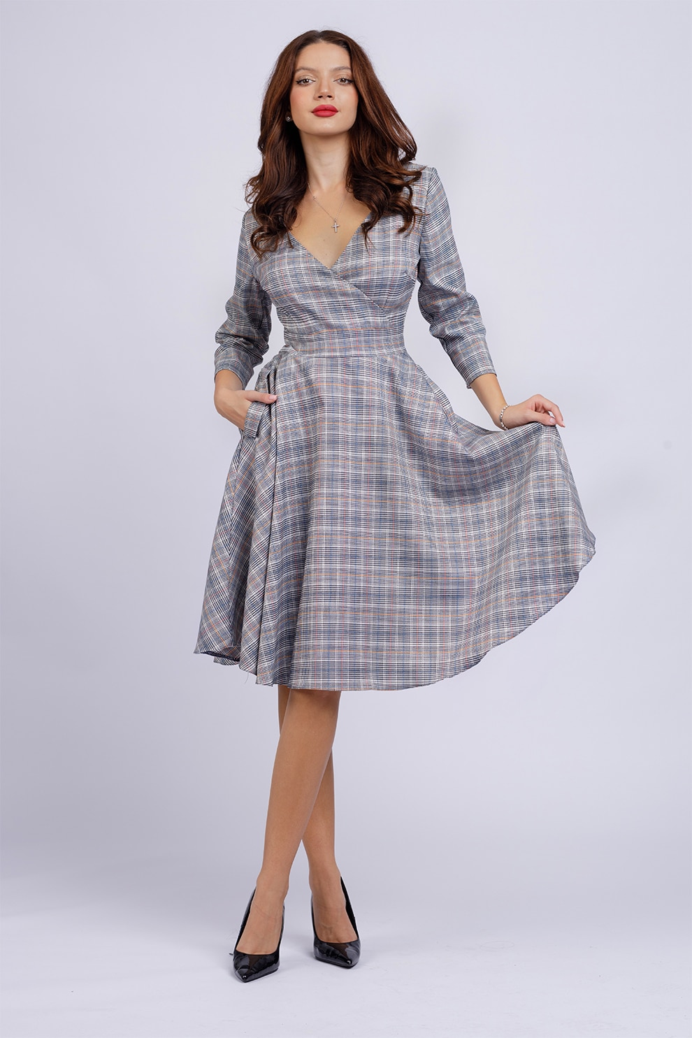CAMISSI, Rochie midi cu croiala in A si buzunare, Gri deschis, Portocaliu pal, Alb murdar, S