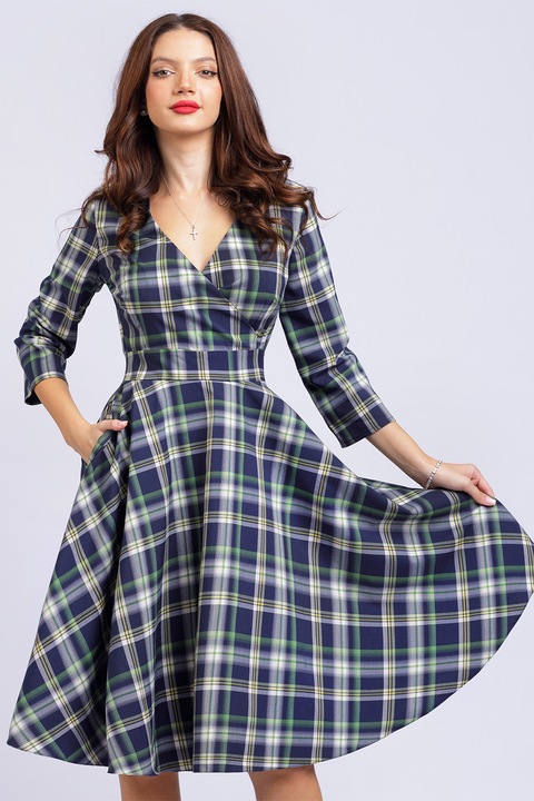 CAMISSI, Rochie mini cu croiala in A si buzunare, Verde/Galben/Bleumarin