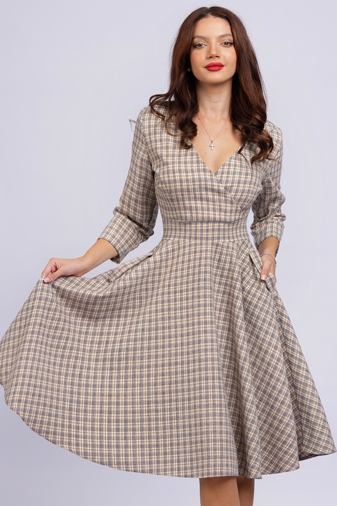 CAMISSI, Rochie mini cu croiala in A si buzunare, Maro deschis/Maro nisip/Alb murdar