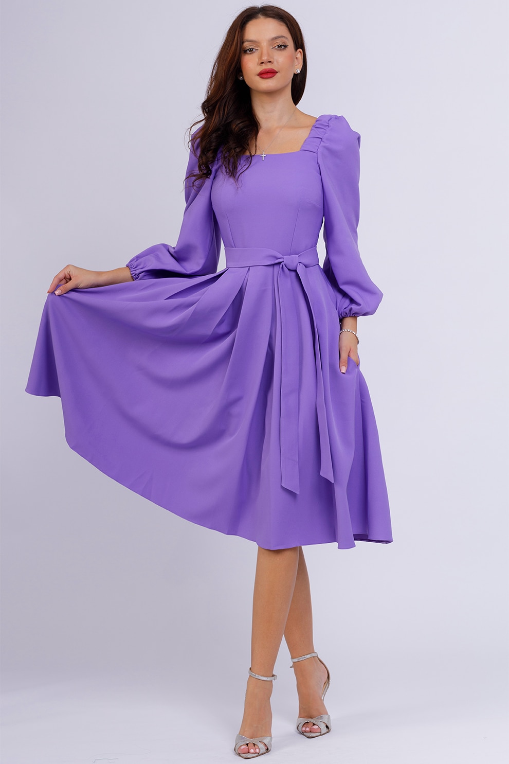 CAMISSI, Rochie midi cu croiala in A si maneci bufante, Lila, L