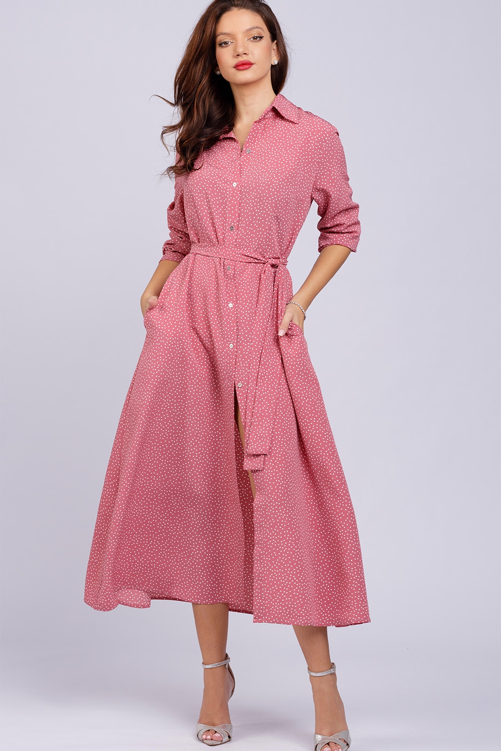 CAMISSI, Rochie-camasa lunga cu buzunare, Roz pastel, Alb optic, L-XL
