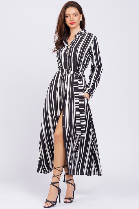 CAMISSI, Rochie-camasa lunga cu buzunare, Negru stins/Alb optic