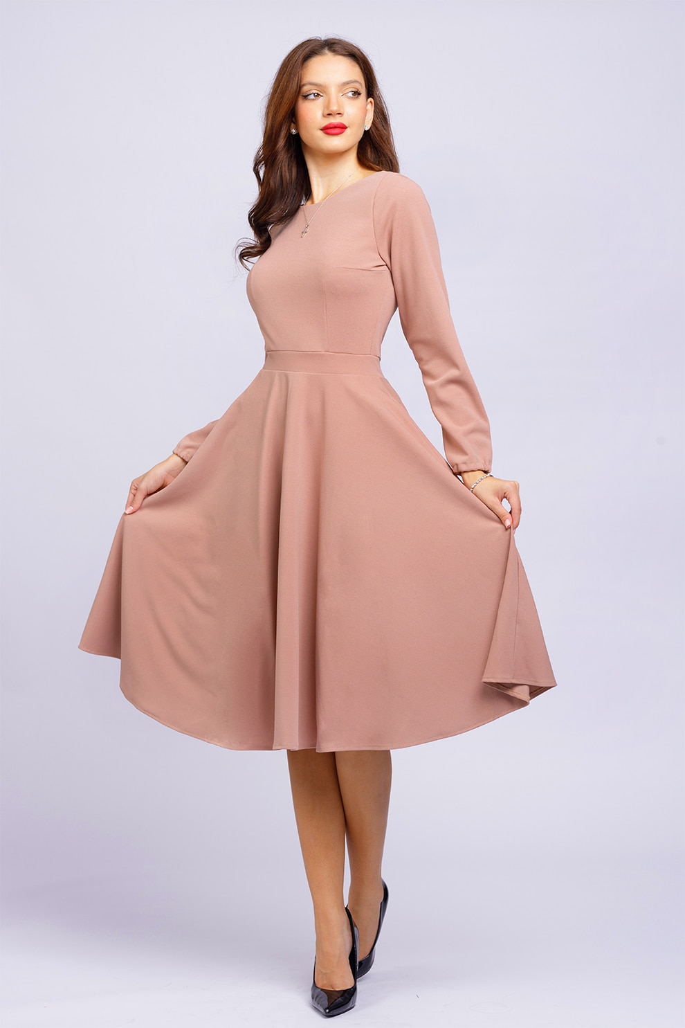 CAMISSI, Rochie midi evazata cu decolteu barcuta, Roz somon, L