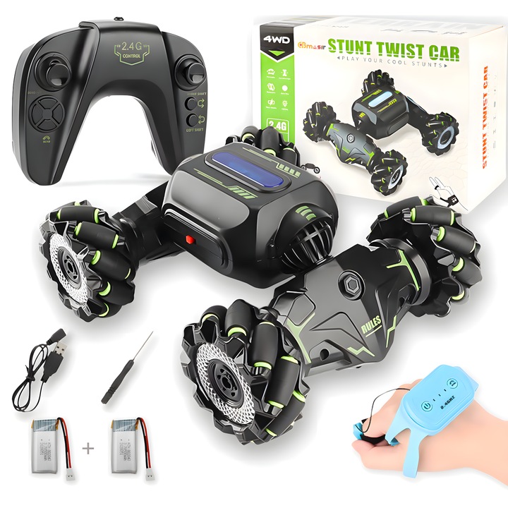 Masina telghidata TurboTwister by CBMasir™ cu articulatie bionica, motor 4WD tractiune integrala, rotire 360˚, dual remote cu ceas somatosenzorial, StormGreen