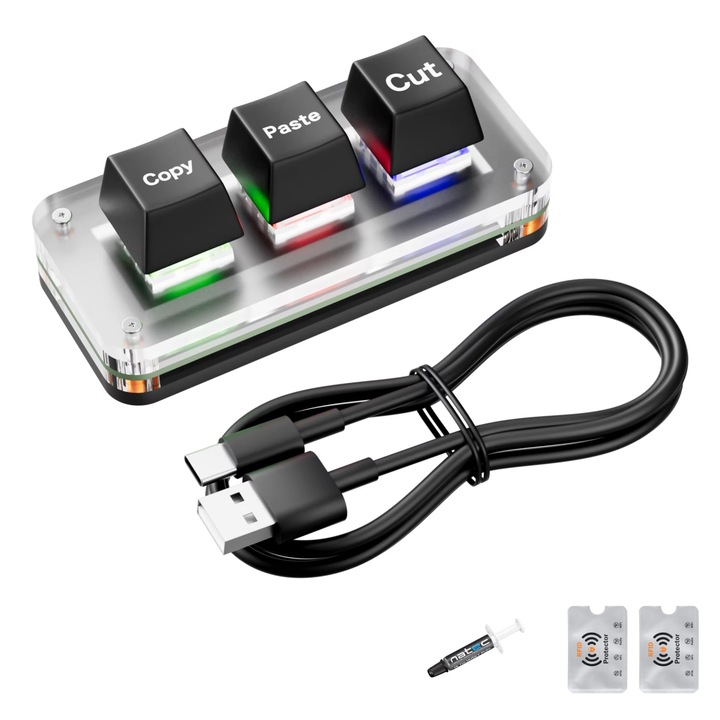 Programozható mini mechanikus billentyűzet, 3 gomb, RGB, vezérlés és termelékenység gyorsparancsok játékhoz, tervezéshez és irodai használatra, Natec Husky 1G pasztával és 2 RFID védelemmel, fekete Undershop